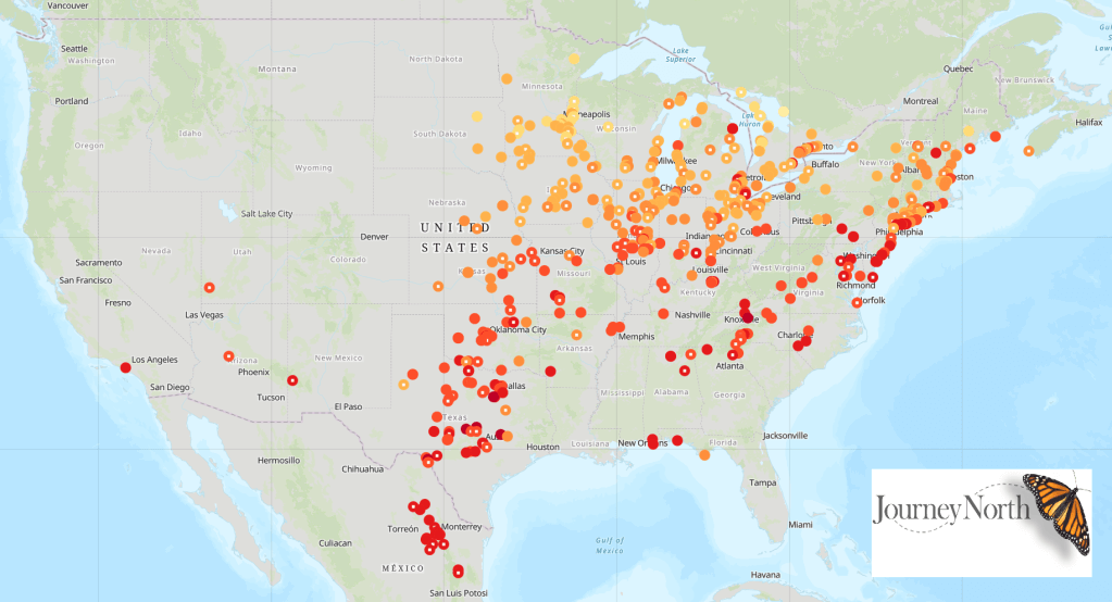 map of monarch fall roosts and peak migration